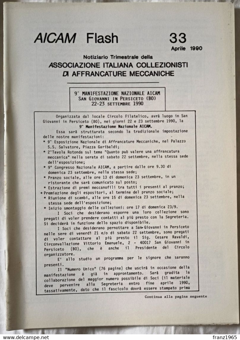 AICAM Flash - Notiziario Trimestrale AICAM - N. 33 Aprile 1990 - Matasellos Mecánicos