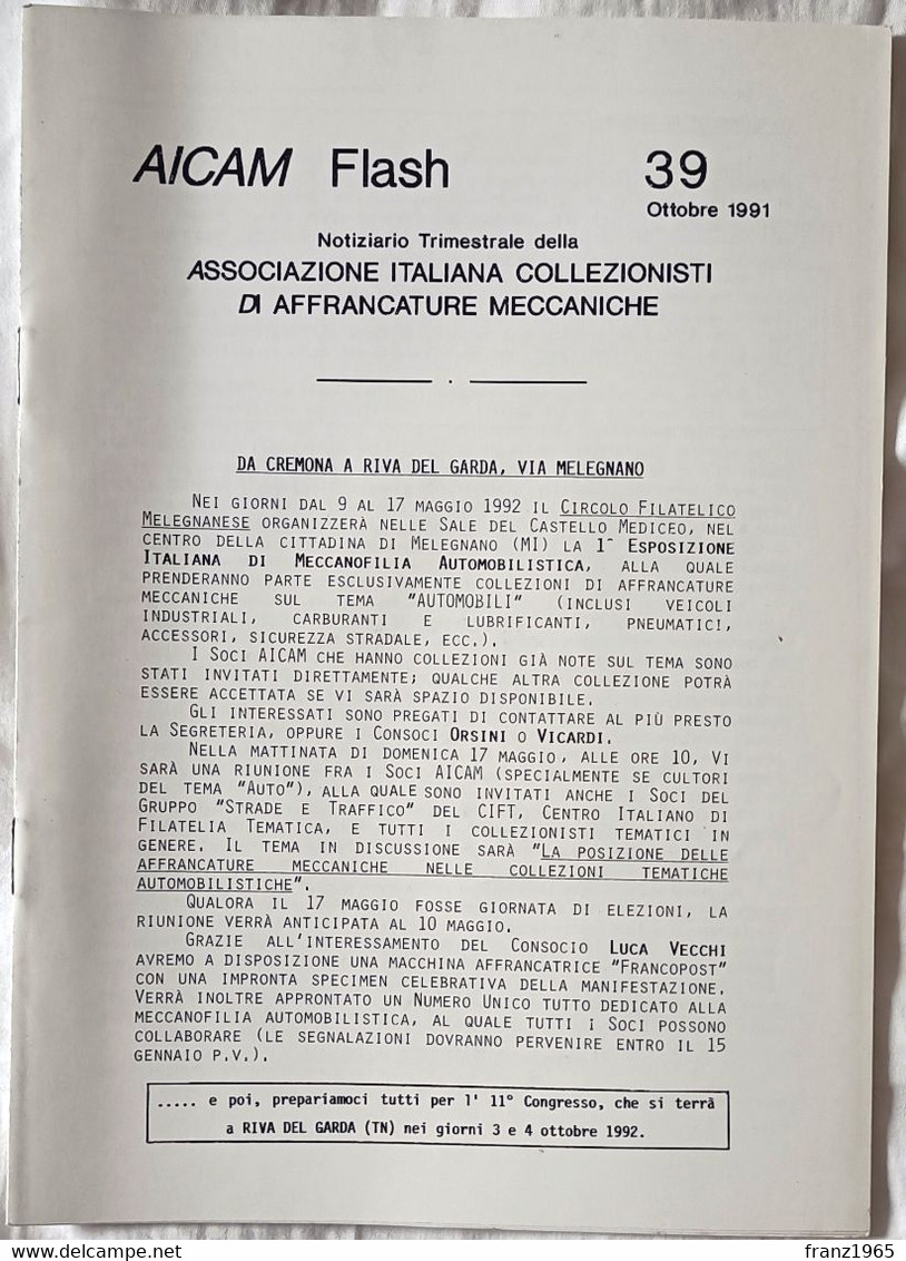 AICAM Flash - Notiziario Trimestrale AICAM - N. 39 Ottobre 1991 - Meccanofilia