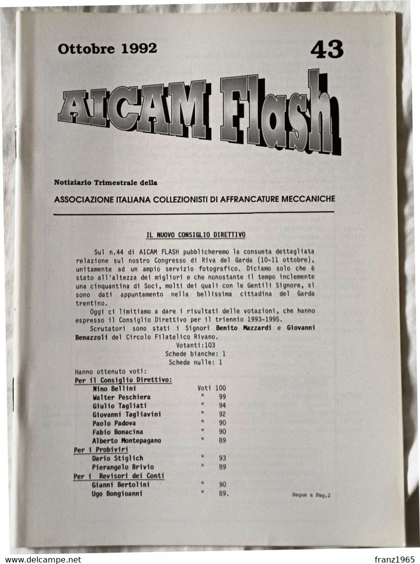 AICAM Flash - Notiziario Trimestrale AICAM - N. 43 Ottobre 1992 - Oblitérations Mécaniques