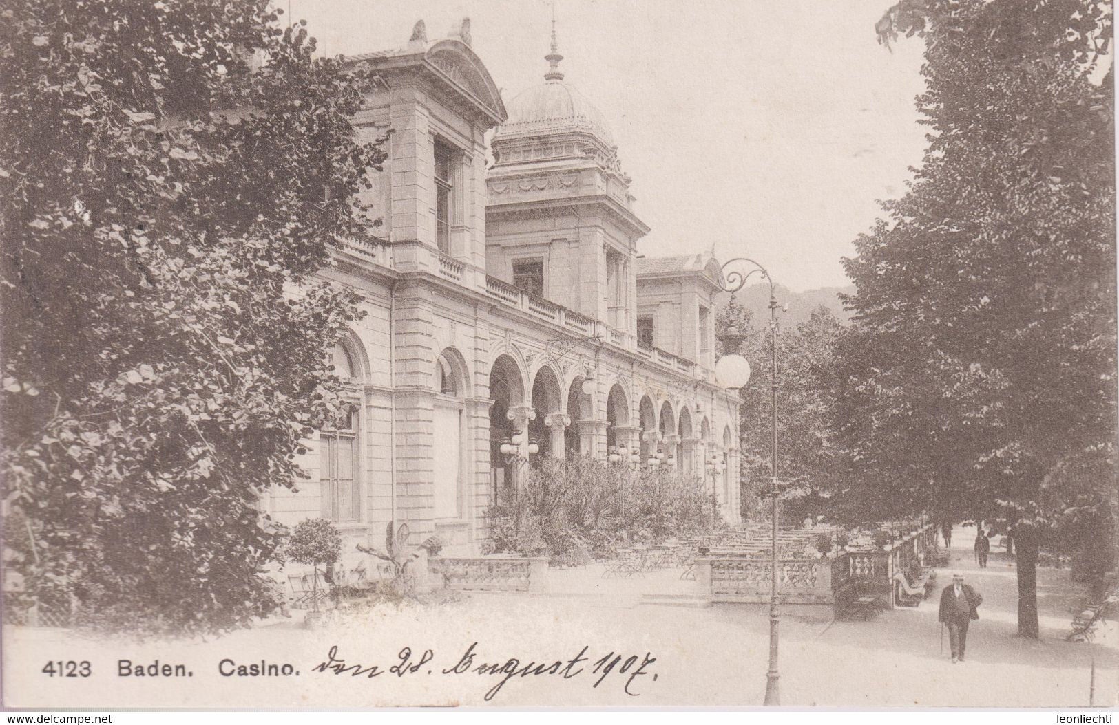 AK: CARTE POSTALE; UPU. Baden - Casino. 1907 Frankiert Mit 3x  ZNr: 80 / Mi: 82 Ziffermuster - Casinos