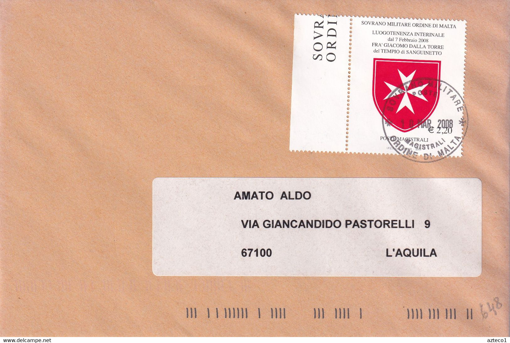 S.M.O.M. 2008 -  LETTERA DEL 10 MARZO 2008 - AFFRANCATA CON IL VALORE DA EURO 2.20 LUOGOTENENZA INTERINALE - Sovrano Militare Ordine Di Malta