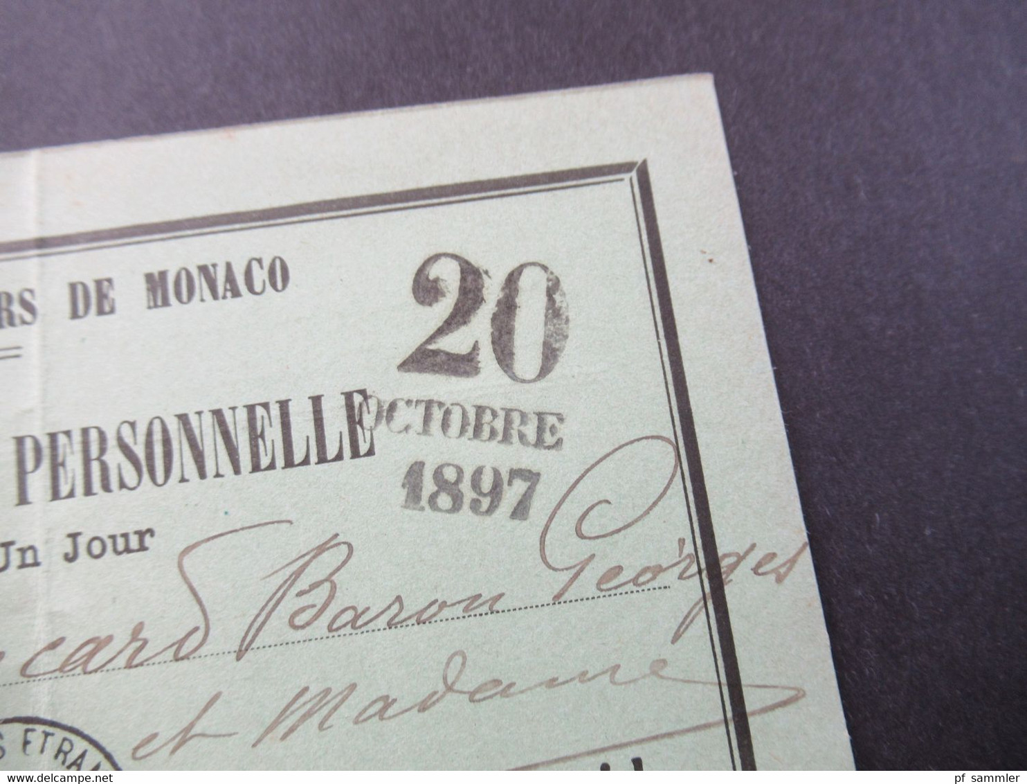 Monaco 20.10.1897 Carte D'Admission Personelle Cercle Des Etrangers De Monaco Valabe Pour Un Jour - Briefe U. Dokumente