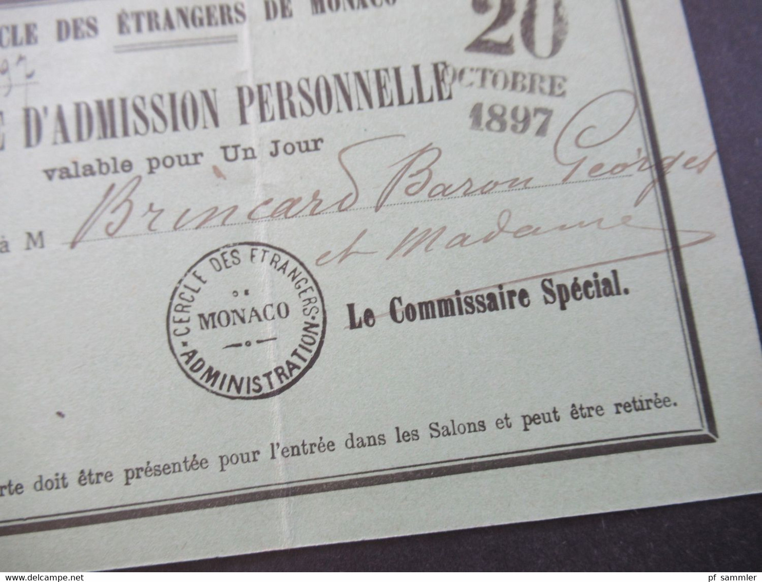 Monaco 20.10.1897 Carte D'Admission Personelle Cercle Des Etrangers De Monaco Valabe Pour Un Jour - Covers & Documents