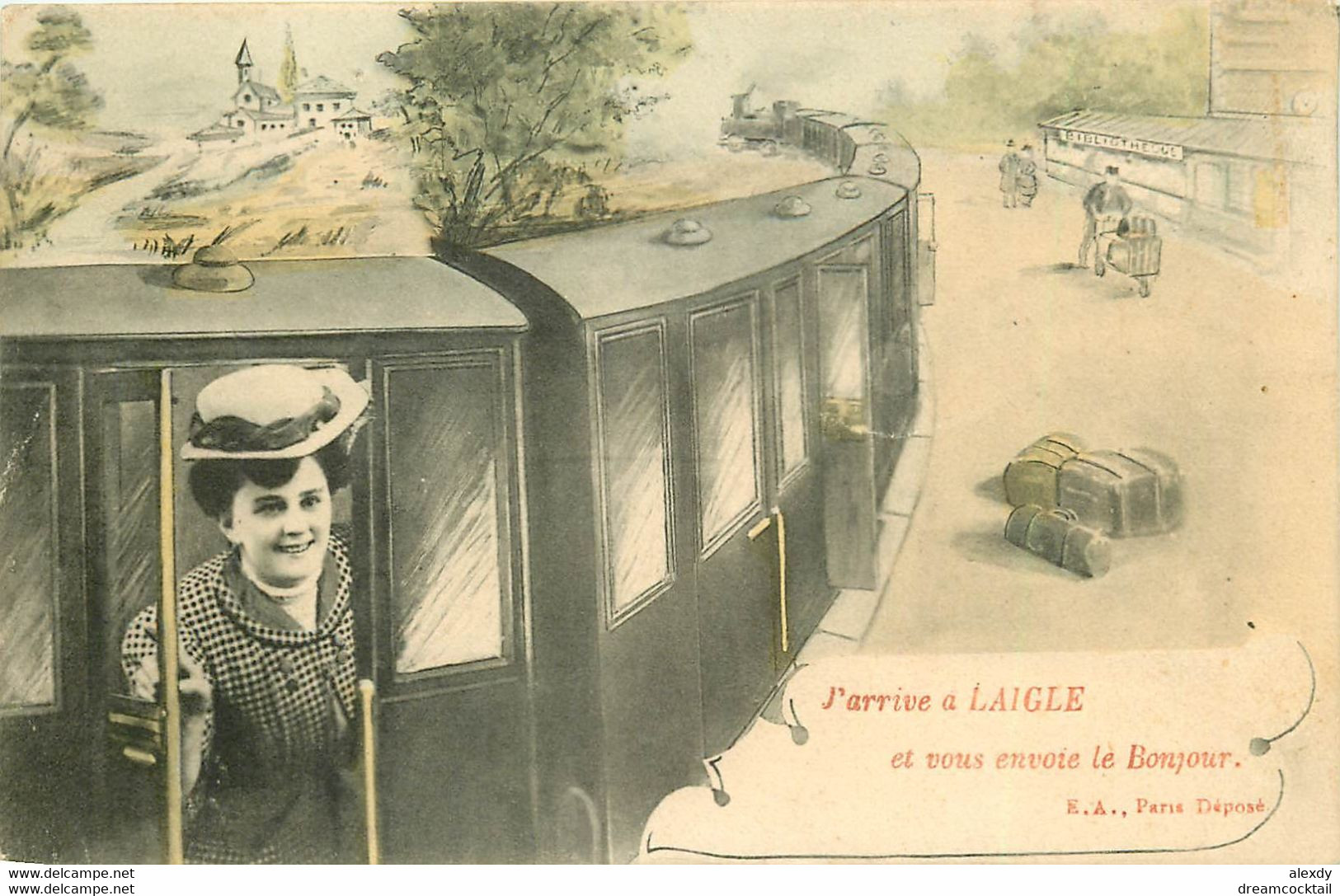 (XX) Carte Montage Gare Train Locomotive Voyageuse. J'arrive à LAIGLE Ou L'AIGLE 61 En 1908 - L'Aigle