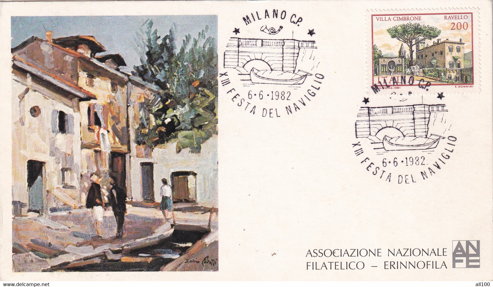 A20698 - MILANO FESTA DEL NAVIGLIO 1982 PHILATELIC CARD STAMP VILLA CIMBRONE RAVELLO 200 ITALIA  ASSOCIAZIONE - Filatelistische Kaarten