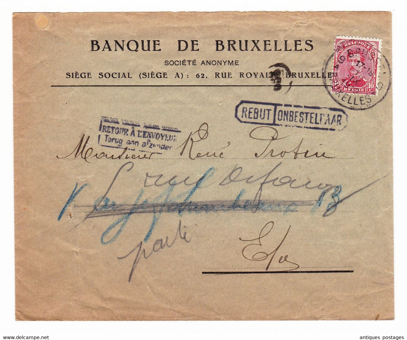 Lettre 1919 Banque De Bruxelles Belgique Retour à L'Envoyeur Bank - 1915-1920 Alberto I