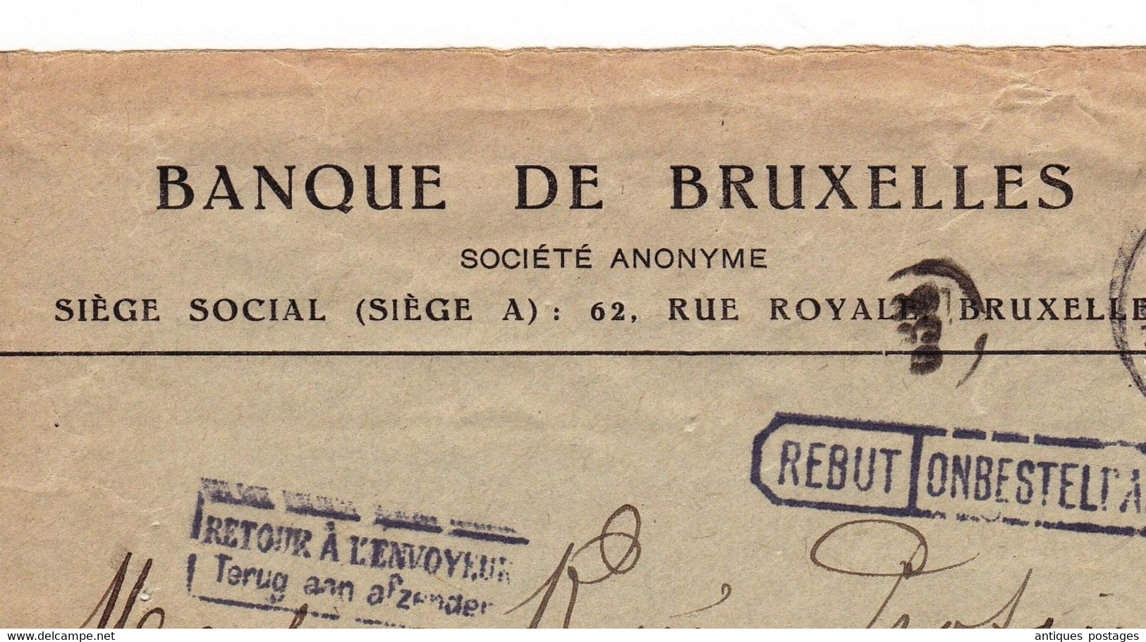 Lettre 1919 Banque De Bruxelles Belgique Retour à L'Envoyeur Bank - 1915-1920 Albert I