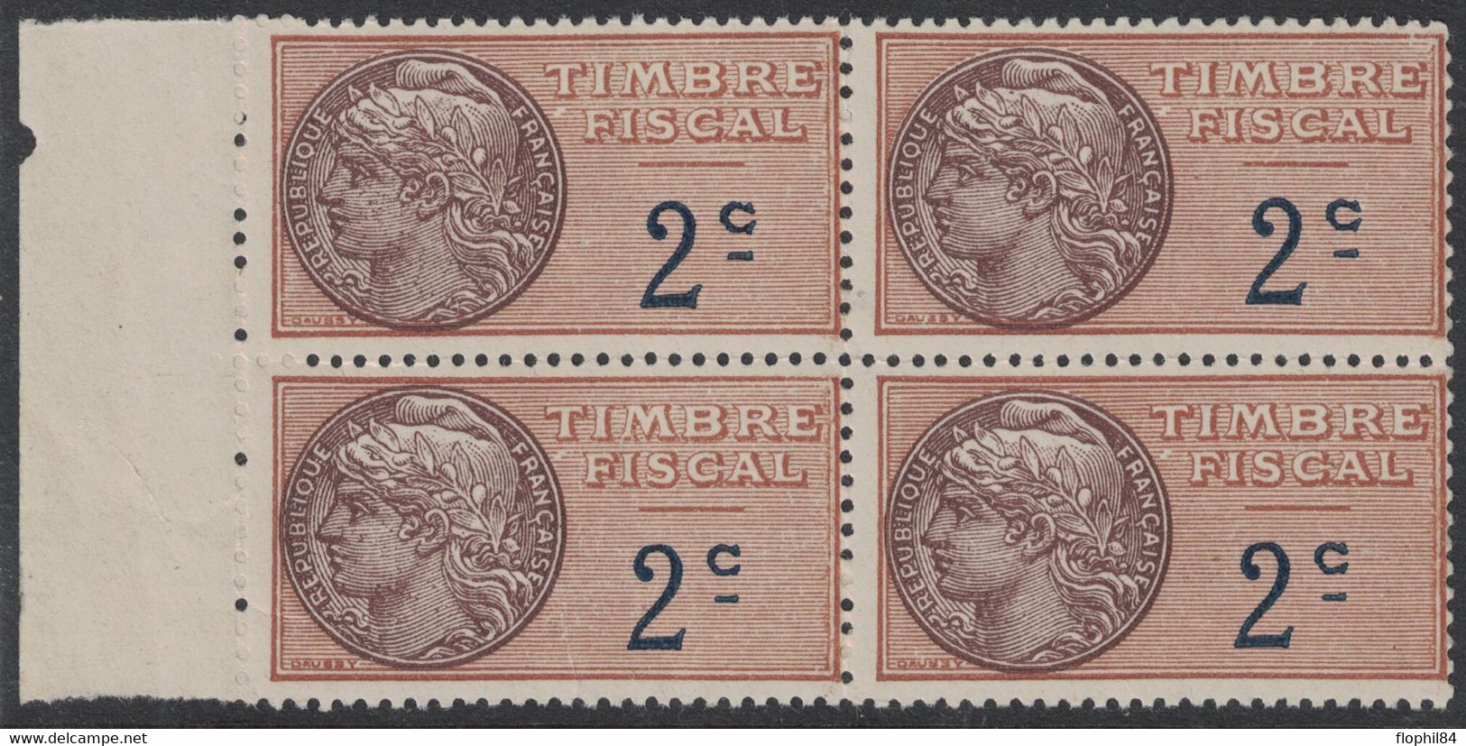 TIMBRE MOBILE - FISCAUX GENERAUX - N°2 - BLOC DE 4 BORD DE FEUILLE NEUF AVEC GOMME SANS TRACE - COTE 60€. - Stamps