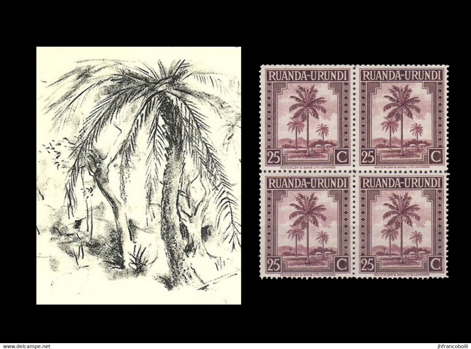 1942 ** RUANDA-URUNDI = RU 130 MNH BROWN PALM TREES / PHOTO CARD [C] (12.8 X 9.3 Mm) WITH BLOCK OF 4 MNH STAMPS - Ruanda Urundi