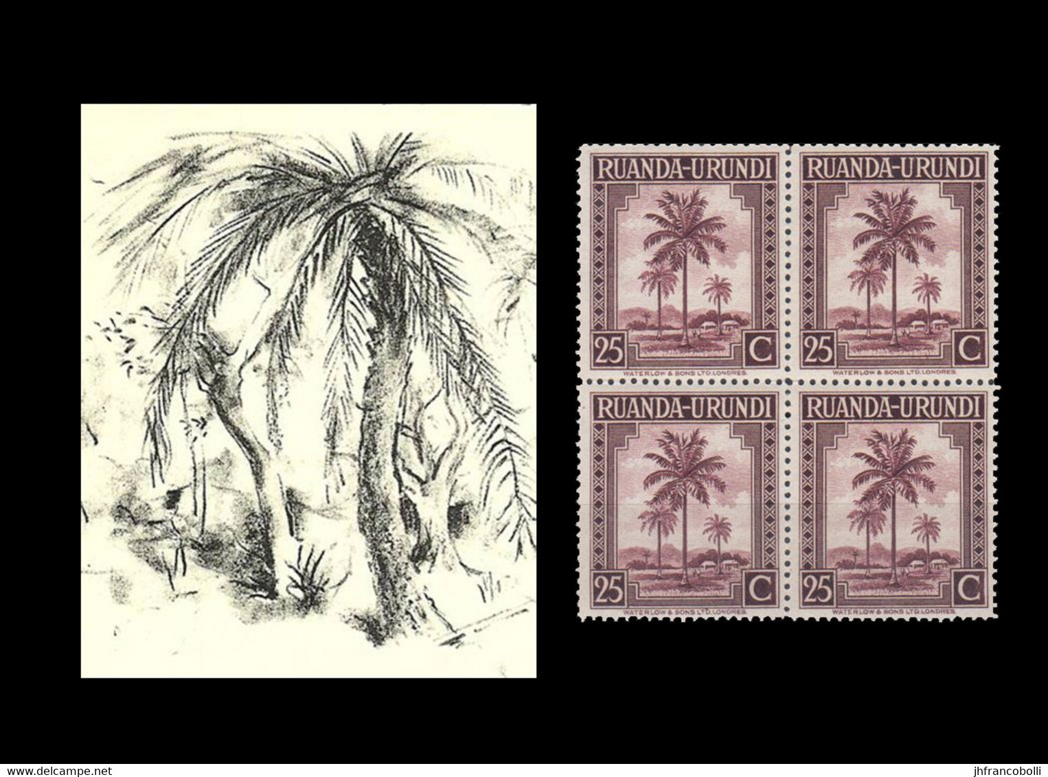 1942 ** RUANDA-URUNDI = RU 130 MNH BROWN PALM TREES / PHOTO CARD [C] (12.8 X 9.3 Mm) WITH BLOCK OF 4 MNH STAMPS - Ruanda-Urundi