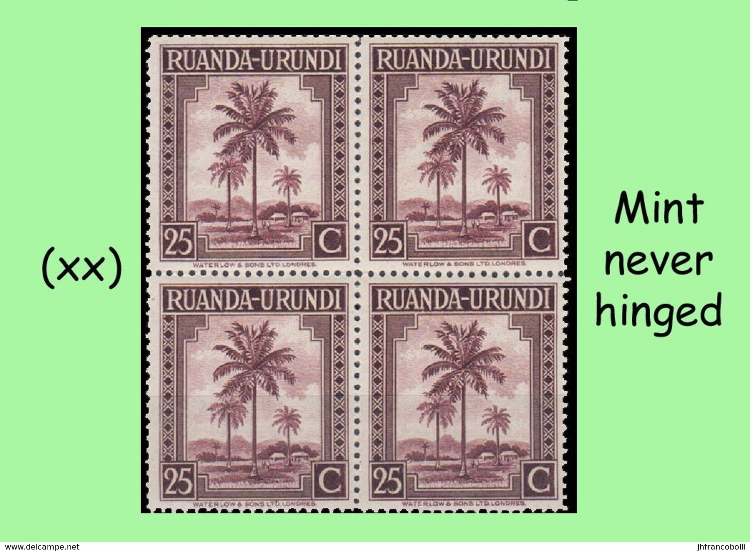 1942 ** RUANDA-URUNDI = RU 130 MNH BROWN PALM TREES / PHOTO CARD [C] (12.8 X 9.3 Mm) WITH BLOCK OF 4 MNH STAMPS - Ruanda-Urundi