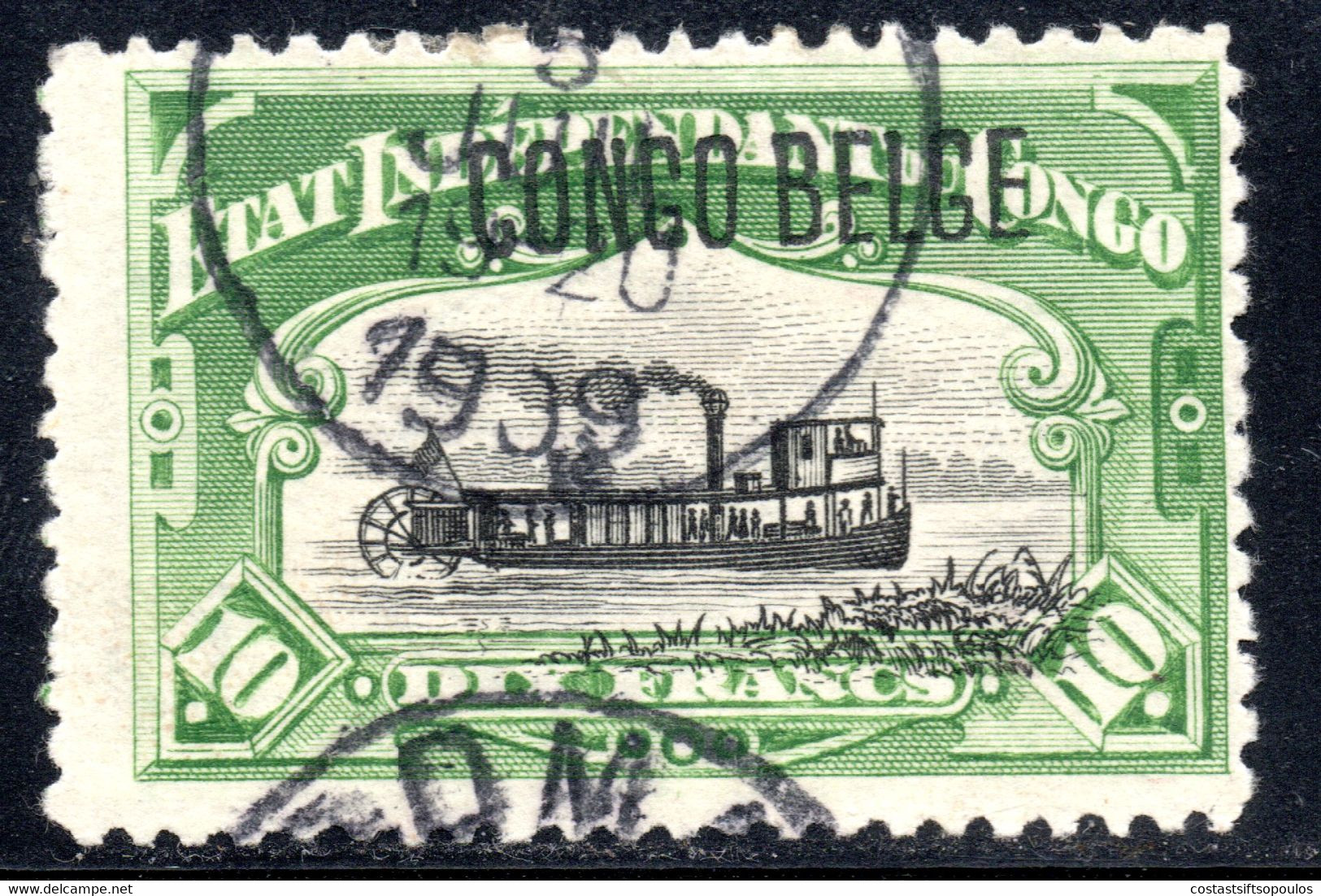 1145.BELGIAN CONGO.1908 OVERPR. 10 FR.STEAMER WITH WATERMARK - Neufs