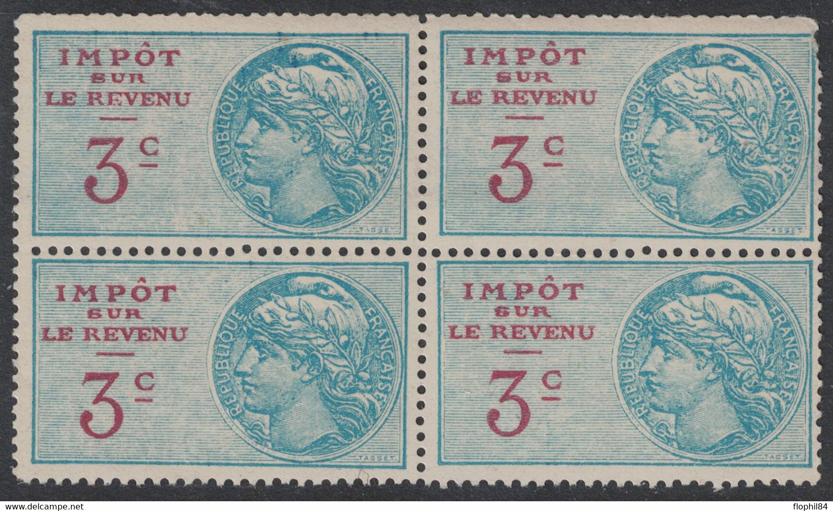 TIMBRE MOBILE - IMPOT SUR LE REVENU - N°89 - BLOC DE 4 AVEC GOMME SANS TRACE - COTE 48€ . - Stamps