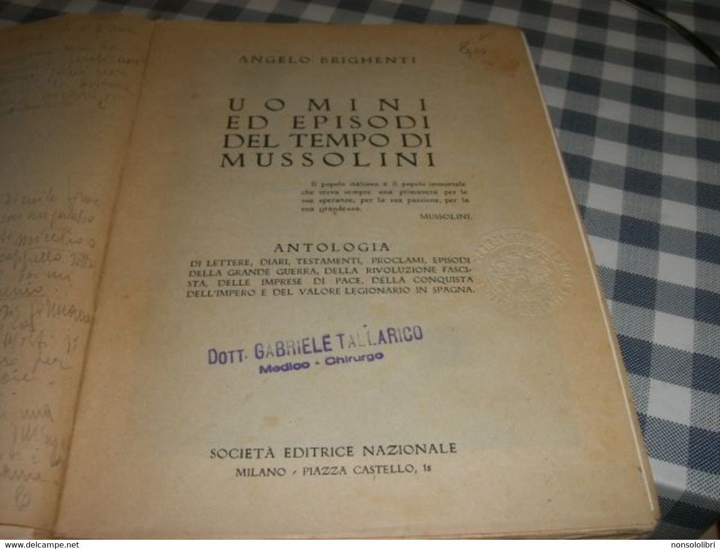 LIBRO UOMINI ED EPISODI DEL TEMPO DI MUSSOLINI -ANGELO BRIGHENTI -SEI EDITOREI 1938 - Society, Politics & Economy