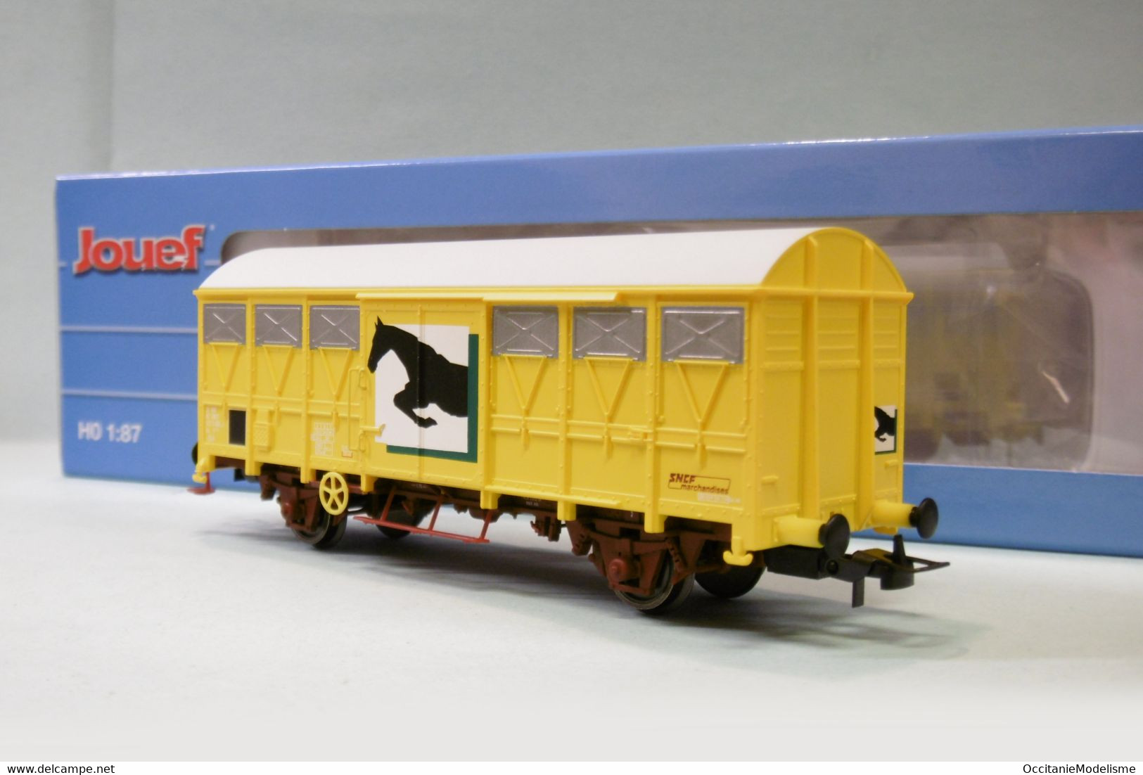 Jouef - WAGON COUVERT Gs Bétail Chevaux Jaune SNCF Ep. IV Réf. HJ6232 Neuf HO 1/87 - Coches De Mercancía