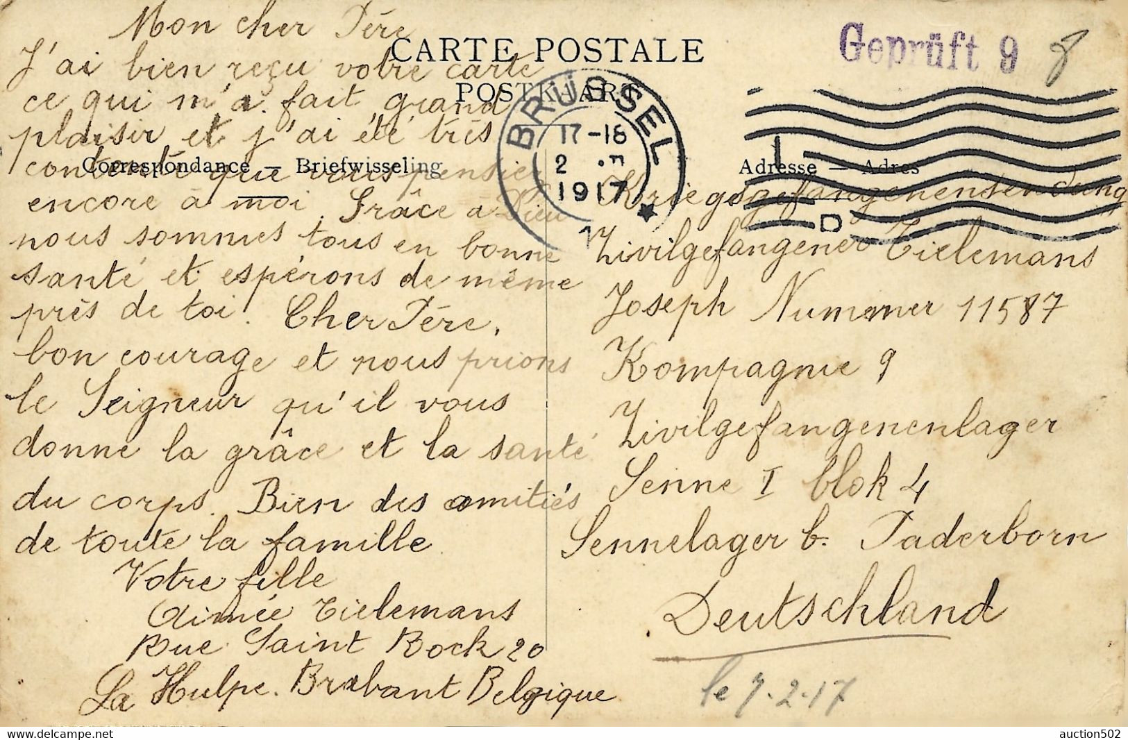 2443PR/ CP Congo écrite De La Hulpe Obl.càp Brüssel 1917 > PDG -POW Sennelager Paderborn Geprüft 9 - Prisoners
