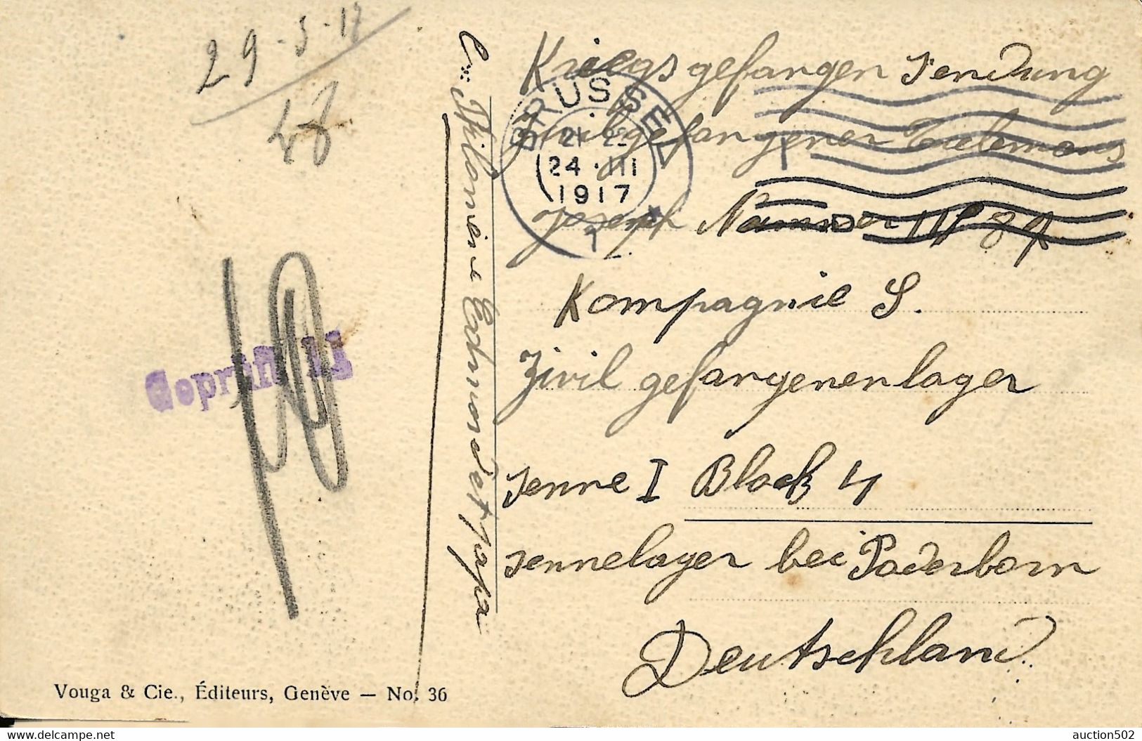 2444R/ CP Suisse Obl. Càp Brüssel 24/3/1917 > PDG - POW Sennelager Paderborn Geprüft 11 - Kriegsgefangenschaft