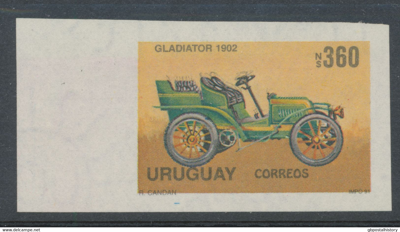 URUGUAY 1991, Oldtimer 360 NP Gladiator (1902), ABART: UNGEZÄHNTES Randstück Ungebraucht Ohne Gummi, R! - Uruguay
