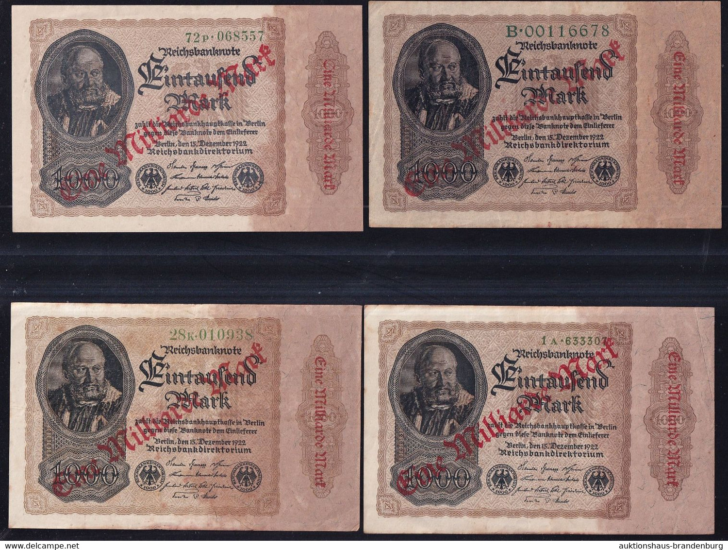 4x 1 Mrd. Mark Auf 1.000 Mark 15.12.1922 - Reichsdruck + 3  Verschiedene FZ (DEU-126) - 1 Milliarde Mark
