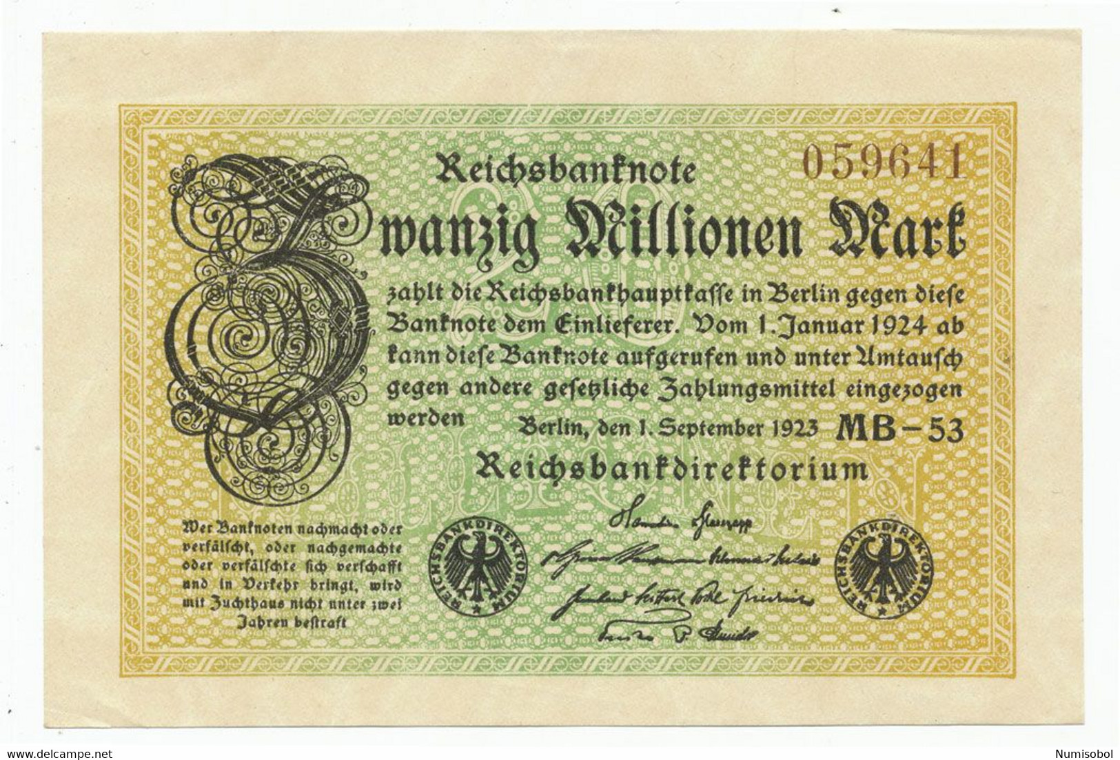GERMANY, DEUTSCHLAND - 20 Millionen Mark 1.9. 1923. P108 Ro107e, AUNC. (D115) - 20 Millionen Mark