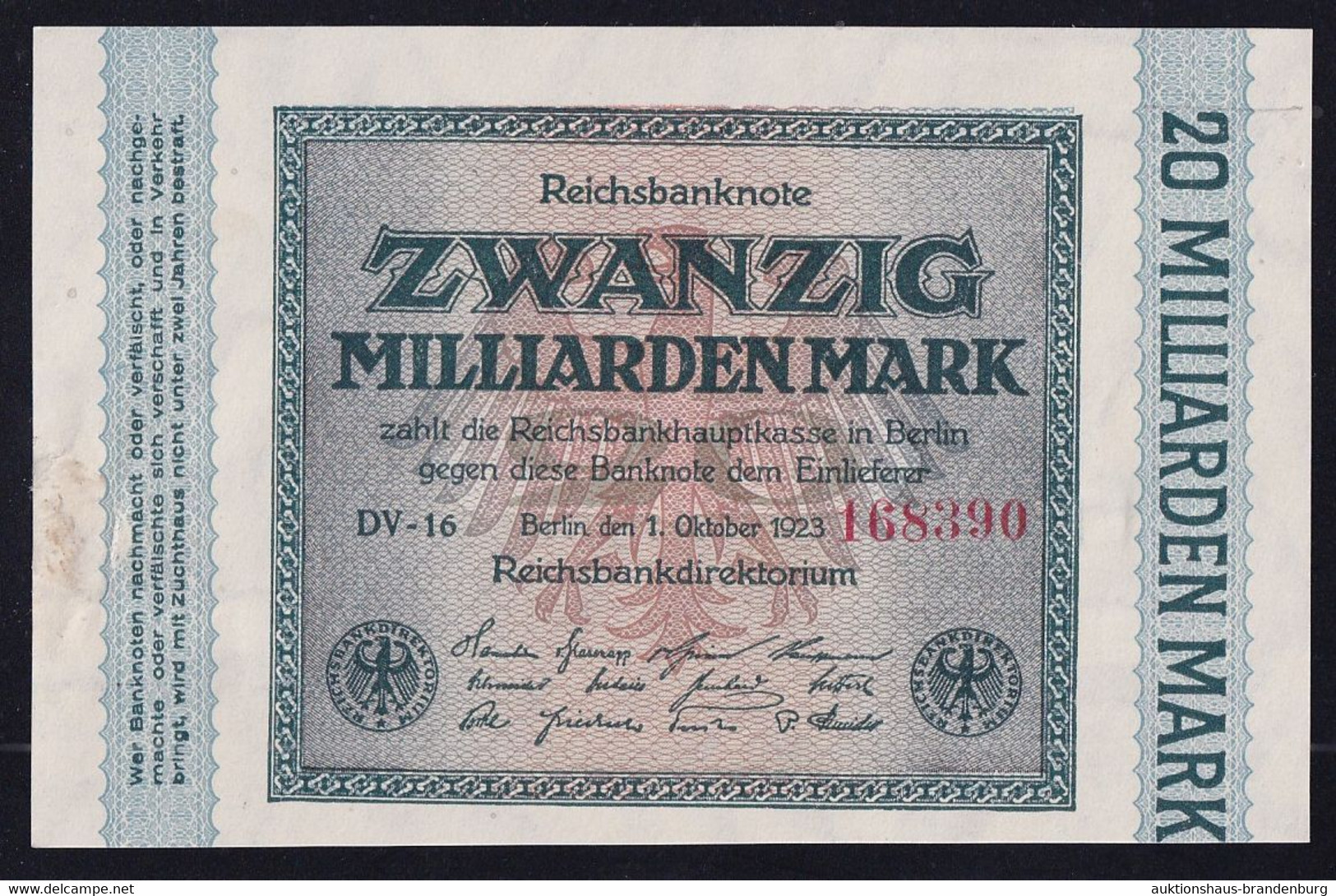 20 Milliarden Mark 1.10.1923 - Originalmaße Aber Verschobener Druck (DEU-137g) - 20 Mrd. Mark