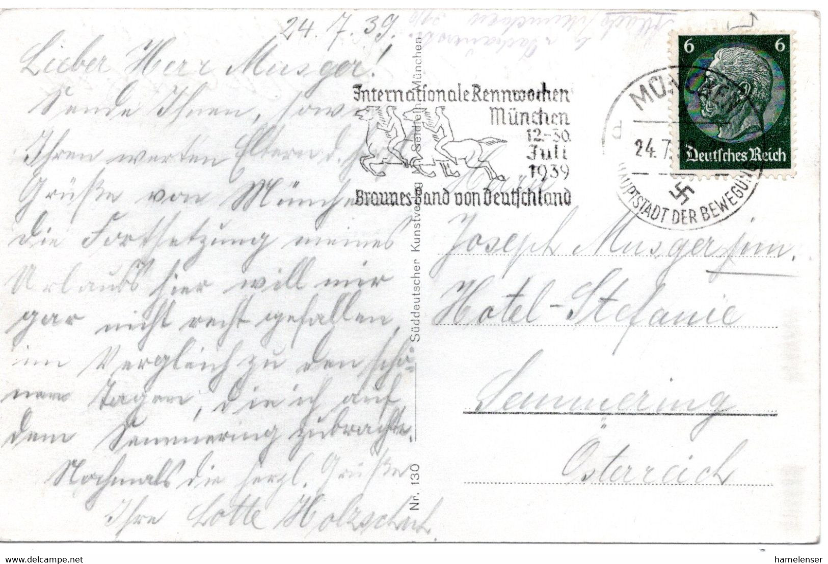 55219 - Deutsches Reich - 1939 - 6Pfg Hindenburg EF A AnsKte MUENCHEN - INTERNATIONALE RENNWOCHEN ... -> Semmering - Hípica