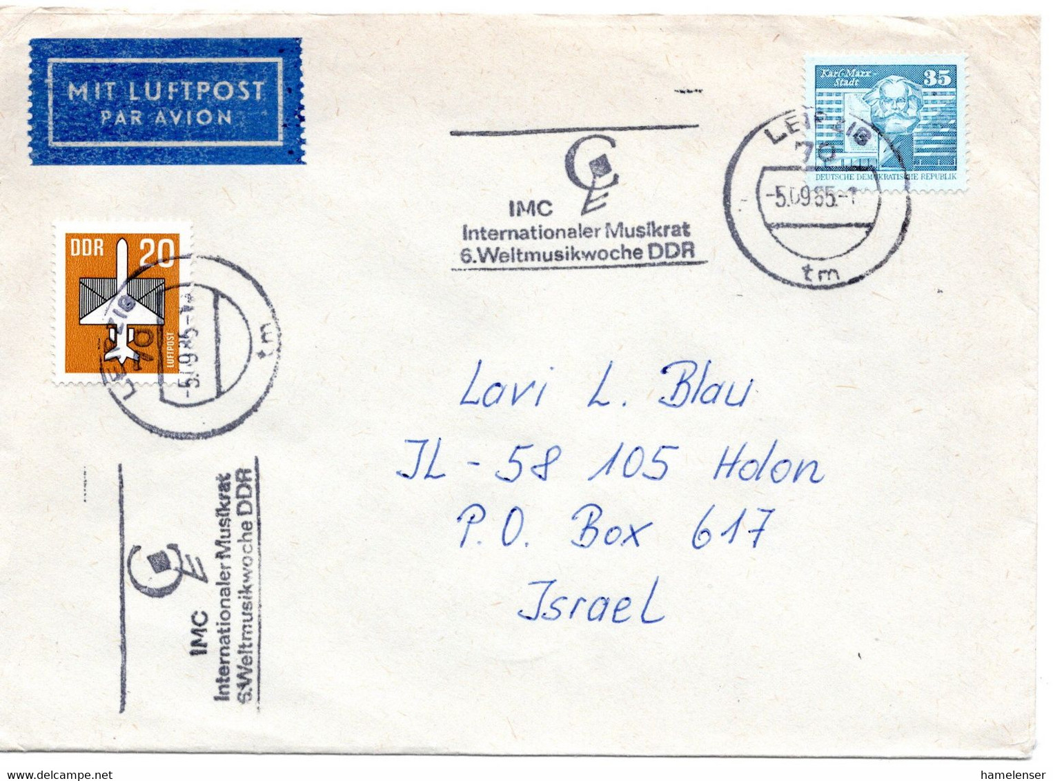 55228 - DDR - 1985 - 35Pfg Kl.Bauten MiF A LpBf LEIPZIG - IMC INTERNATIONALER MUSIKRAT ... -> HOLON (Israel) - Muziek