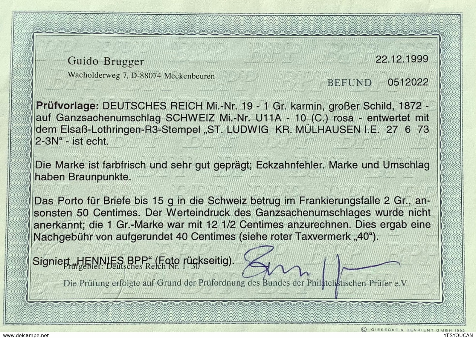 ST LUDWIG MÜHLHAUSEN1873Brustschild+Tübli Ganzsache>Bern Schweiz(Brief Lettre Affranchissement Mixte France Alsace BPP - Brieven En Documenten