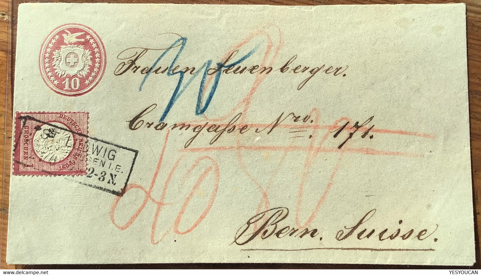 ST LUDWIG MÜHLHAUSEN1873Brustschild+Tübli Ganzsache>Bern Schweiz(Brief Lettre Affranchissement Mixte France Alsace BPP - Storia Postale