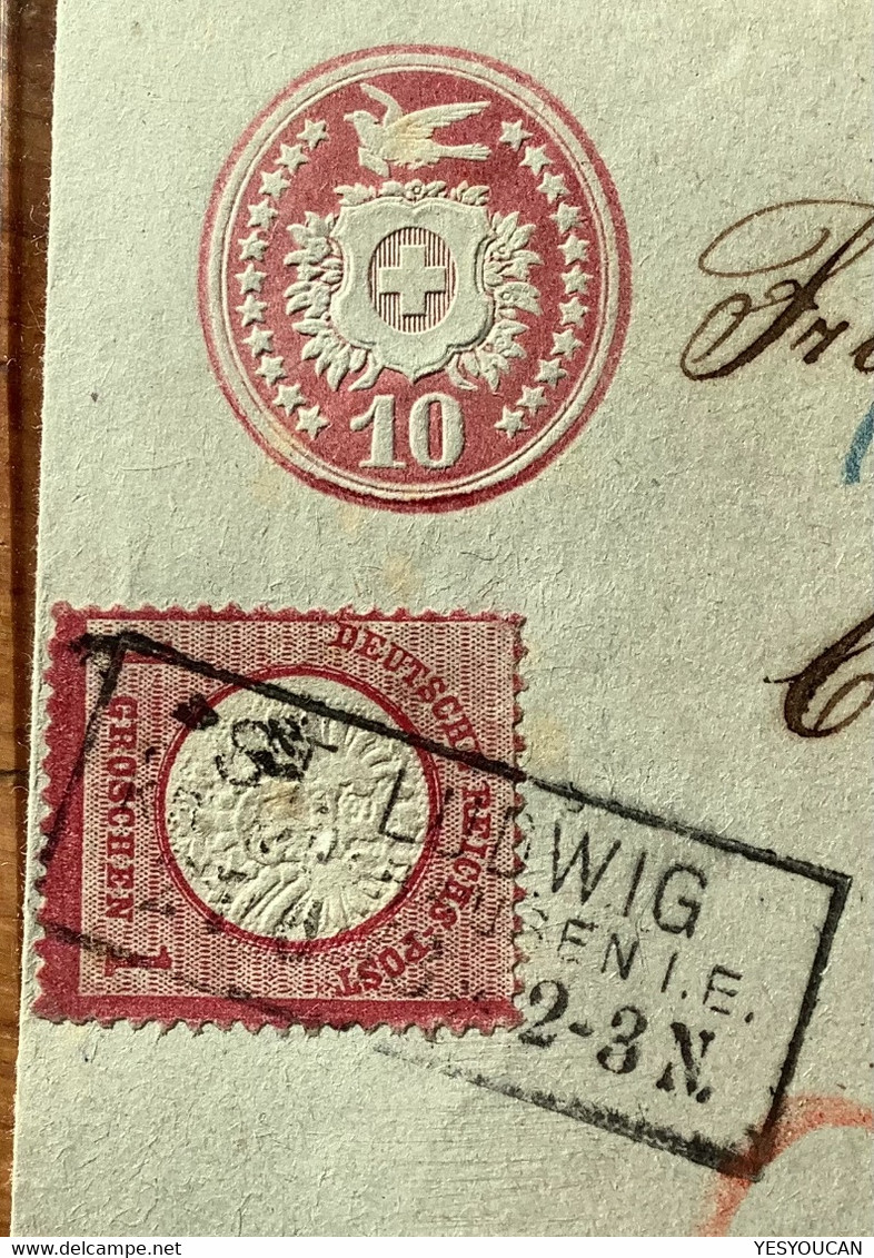 ST LUDWIG MÜHLHAUSEN1873Brustschild+Tübli Ganzsache>Bern Schweiz(Brief Lettre Affranchissement Mixte France Alsace BPP - Storia Postale