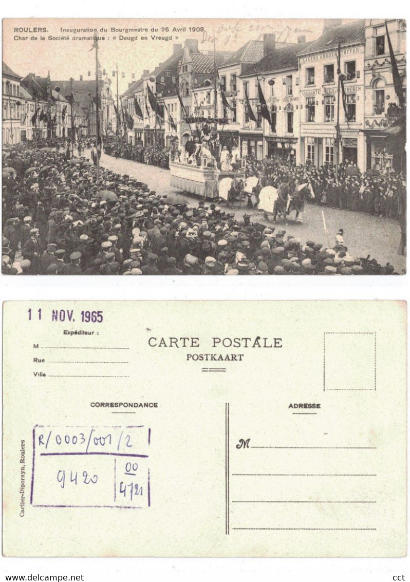 Roeselare Roulers Inauguration Du Bourgmestre Du 26 Avril 1908 Char De La Société Dramatique Deugd En Vreugd - Roeselare