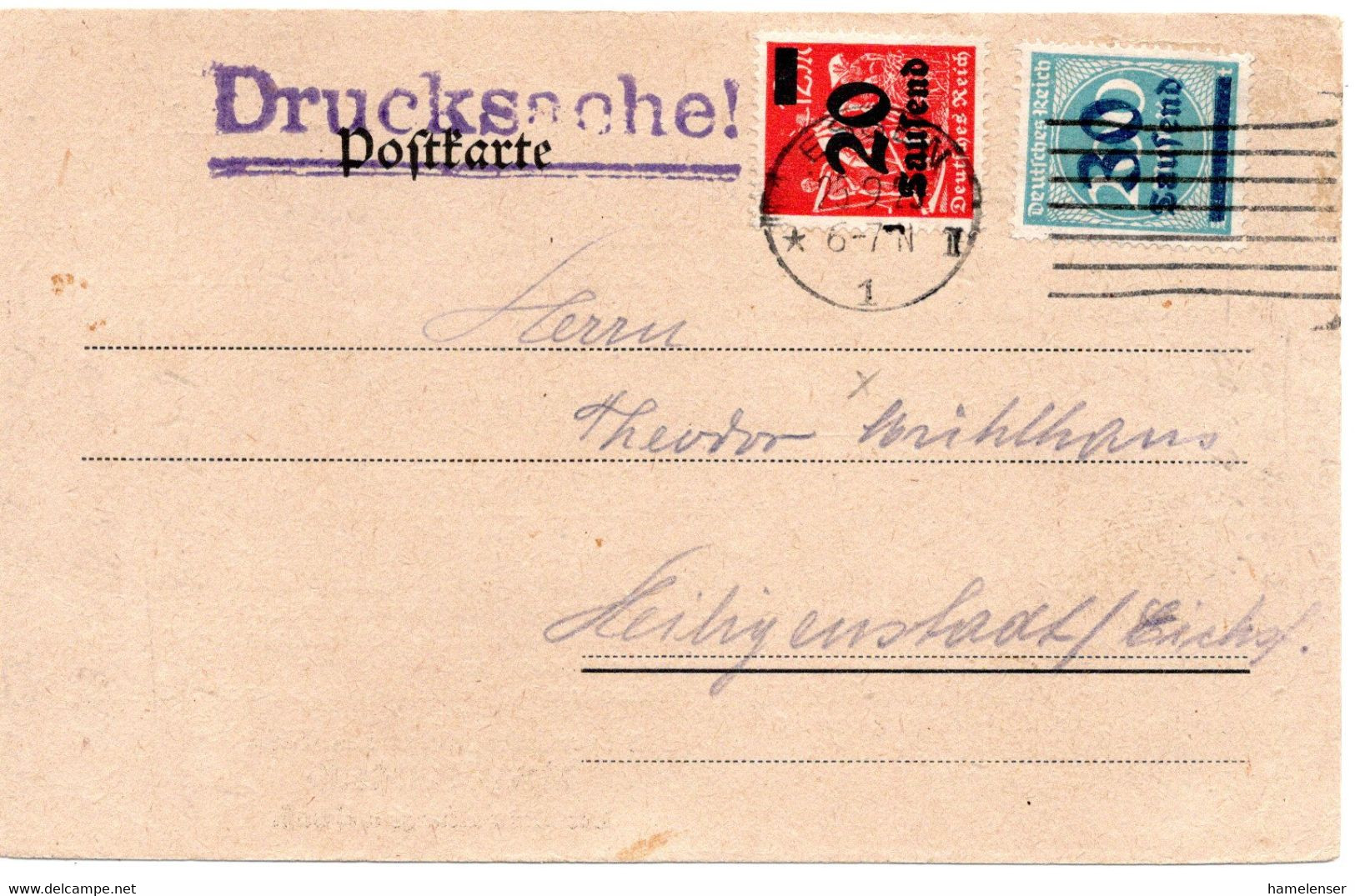 55232 - Deutsches Reich - 1923 - 30.000/200M MiF A DrucksKte ESSEN -> Heiligenstadt - Brieven En Documenten