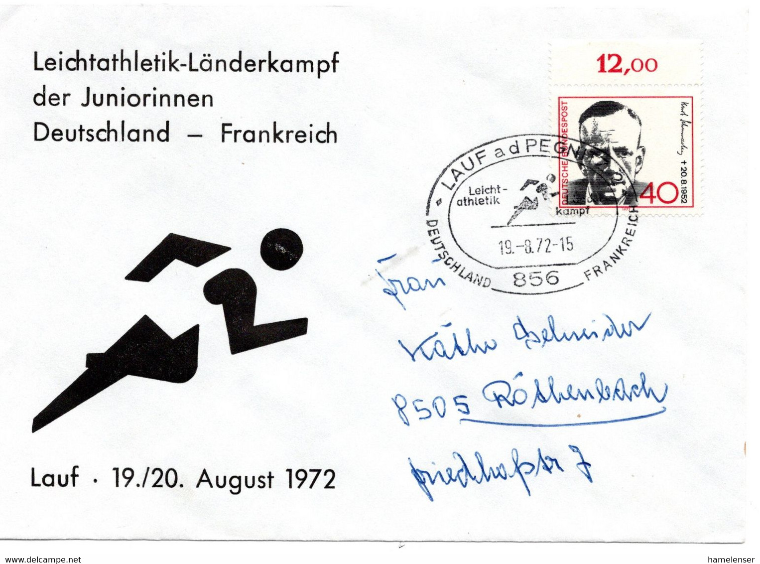 55233 - Bund - 1972 - 40Pfg Schumacher EF A Bf SoStpl LAUF - LEICHTATHLETIK-LAENDERKAMPF DEUTSCHLAND-FRANKREICH -> ... - Atletica