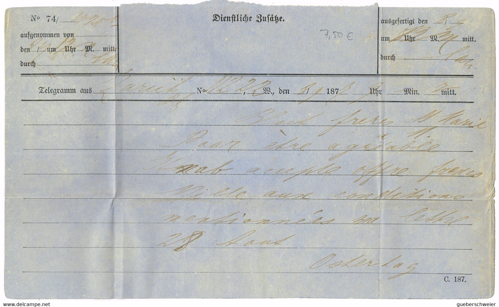 FISC 24 - ALSACE Télégramme En Provenance De Zurich 1877 - Telegrafo