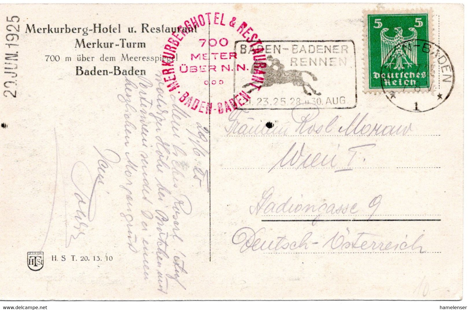 55235 - Deutsches Reich - 1925 - 5Pfg Adler EF A AnsKte BADEN-BADEN - BADEN-BADENER RENNEN ... -> Oesterreich - Reitsport