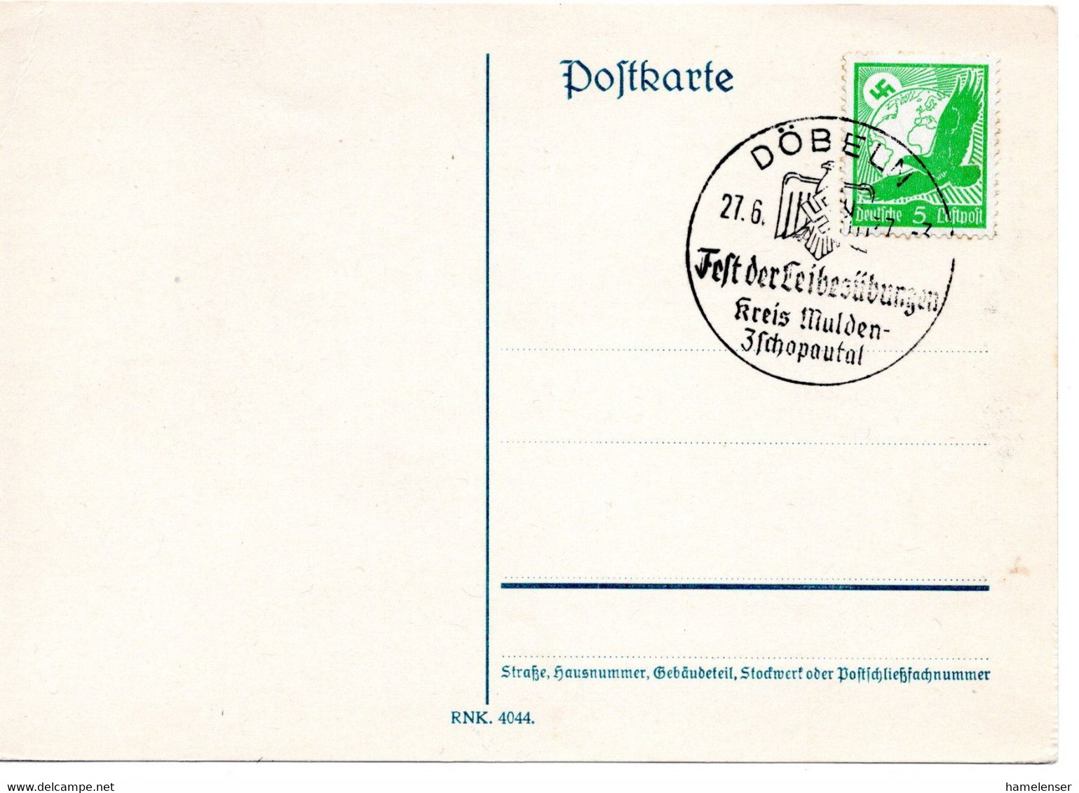 55237 - Deutsches Reich - 1937 - 5Pfg Luftpost EF A Kte DOEBELN - FEST DER LEIBESUEBUNGEN KREIS MULDEN-ZSCHOPAUTAL - Gymnastiek