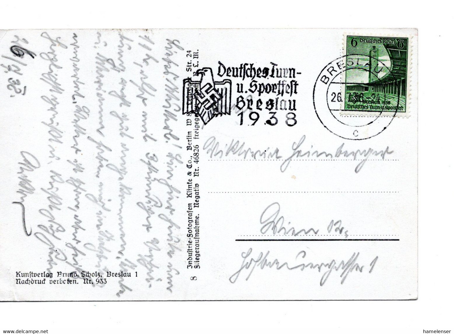 55238 - Deutsches Reich - 1938 - 6Pfg Sportfest EF A AnsKte BRESLAU - DEUTSCHES TURN- U. SPORTFEST ... -> Wien - Sonstige & Ohne Zuordnung