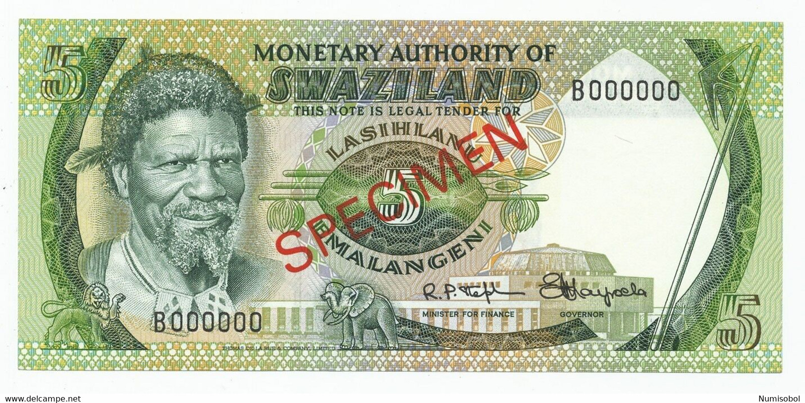 SWAZILAND - 5 Emalangeni SPECIMEN ND(1974) P3s, UNC (SWZ003) - Swaziland