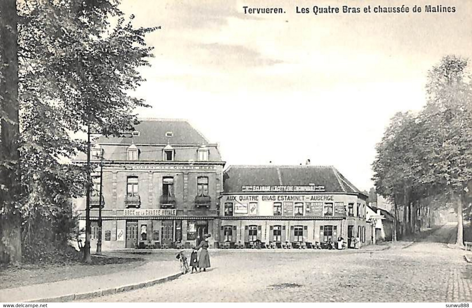 Tervueren - Les Quatre Bras Et Chaussée De Malines (animée Café Edit. Decock 1910) - Tervuren