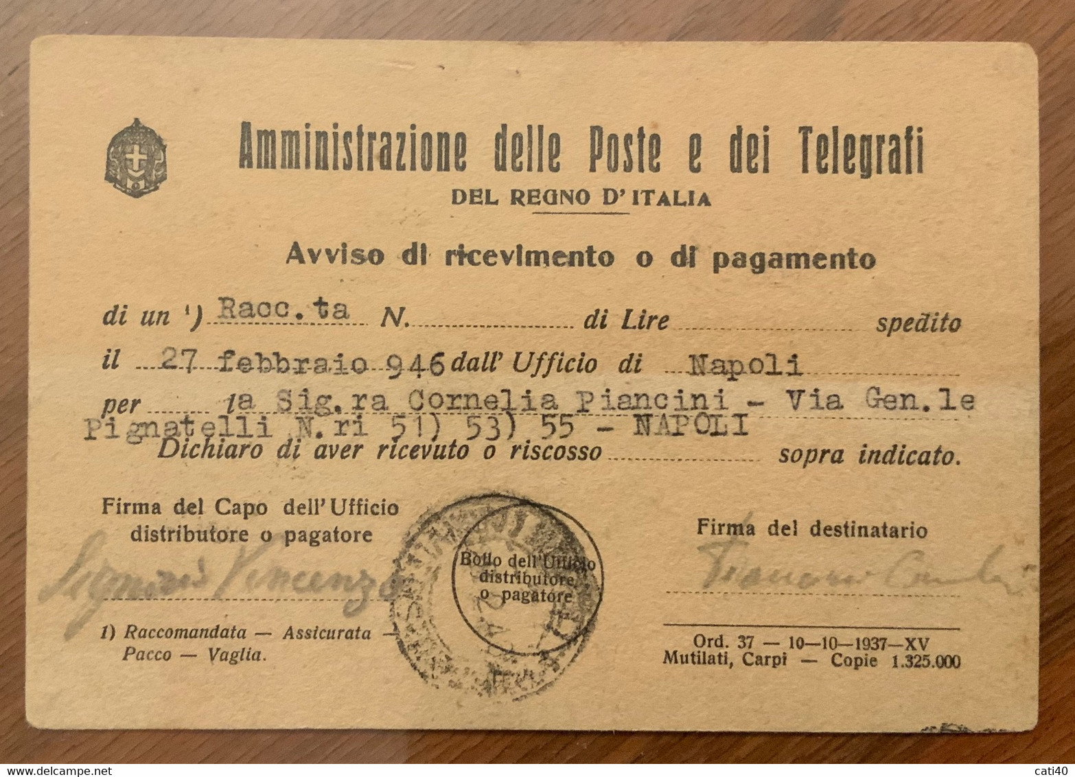 AFFRANCATURA D'EMERGENZA - PACCHI POSTALI REGNO 60 C. Coppia Su R.R.  Mod.23 (1937) - NAPOLI * FERROVIA * 27/2/46 - Postal Parcels