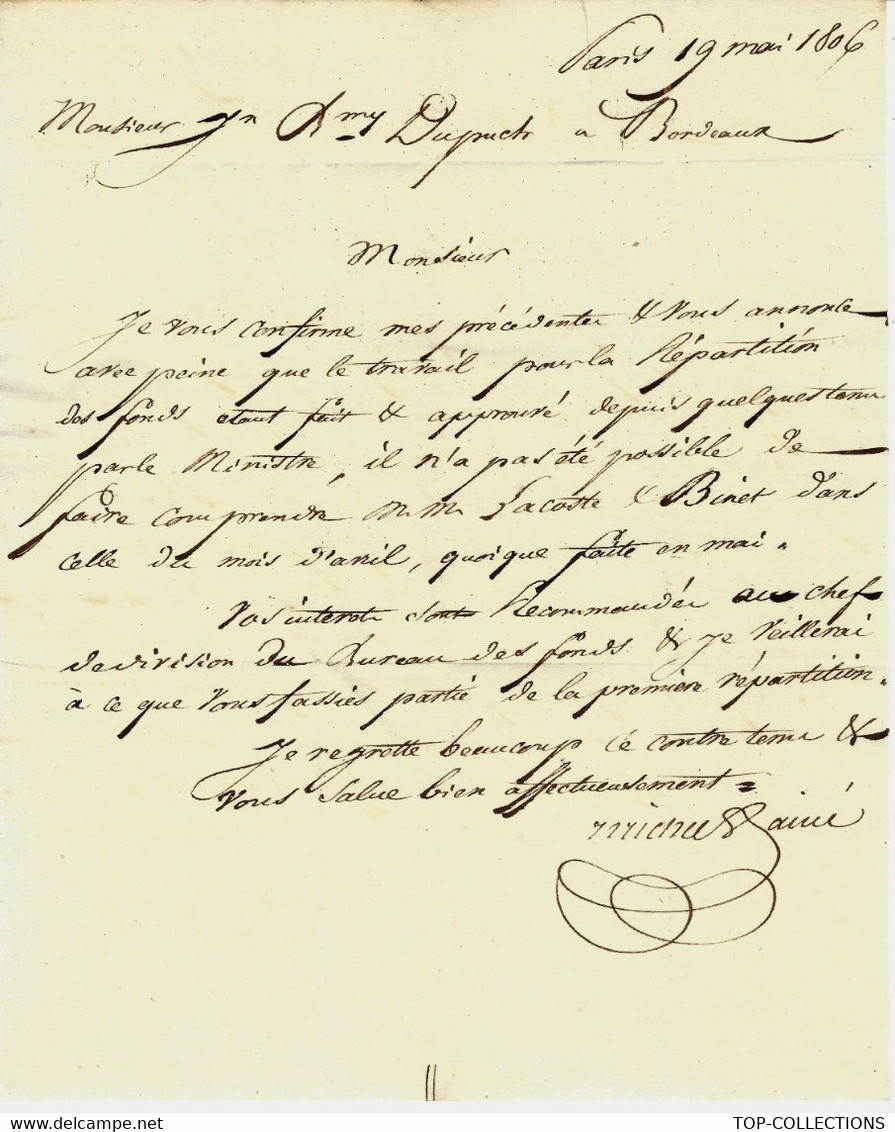 1806 De Michel L’Ainé Banquier Banque Paris Pour J.B. Dupuch Armateur Négociant Bordeaux V.HISTORIQUE - 1801-1848: Voorlopers XIX