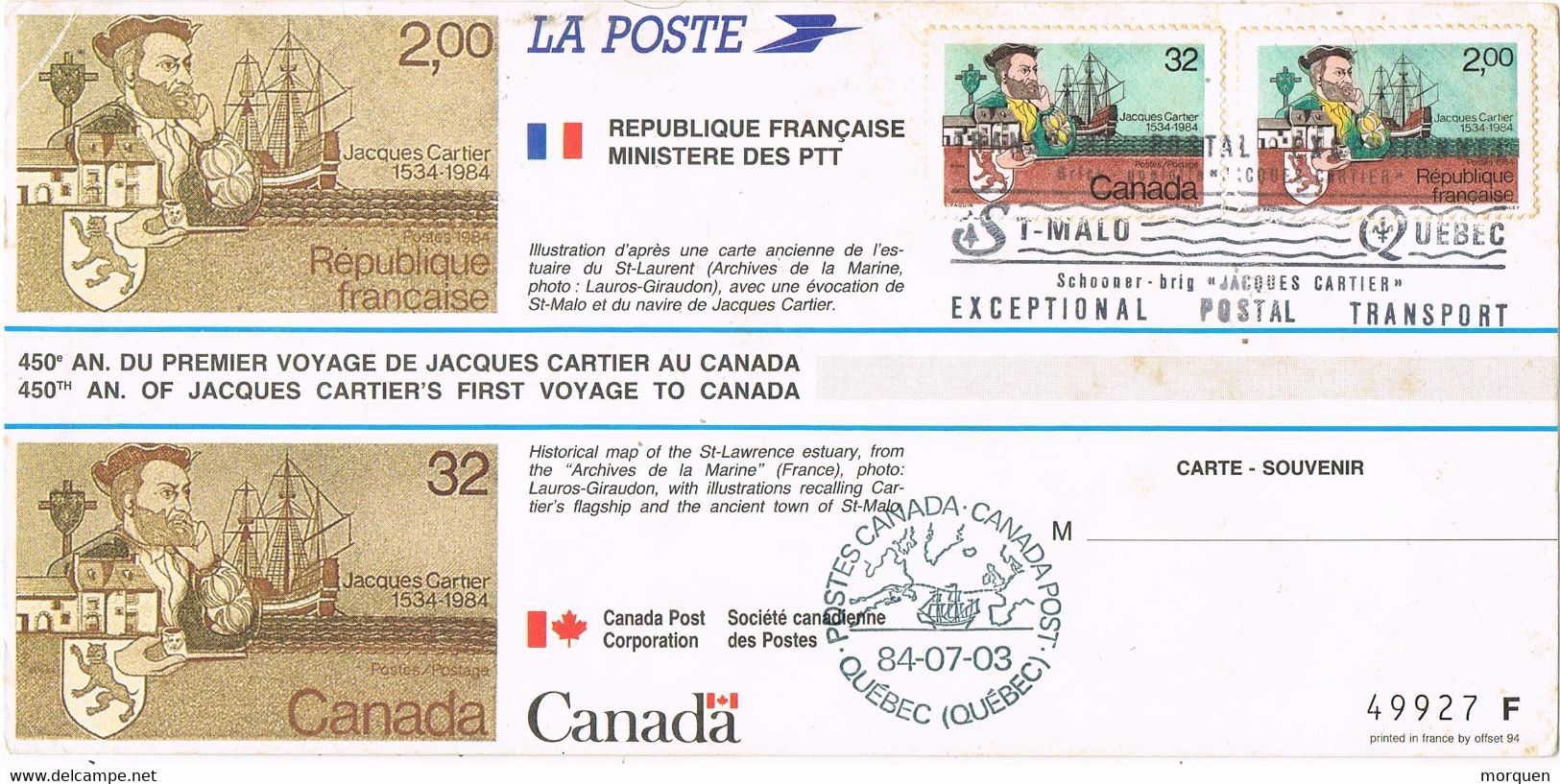 47387. Tarjeta QUEBEC (Canada)  2003. Voyage JACQUES CARTIER, Emision Franco Canadiense - Storia Postale