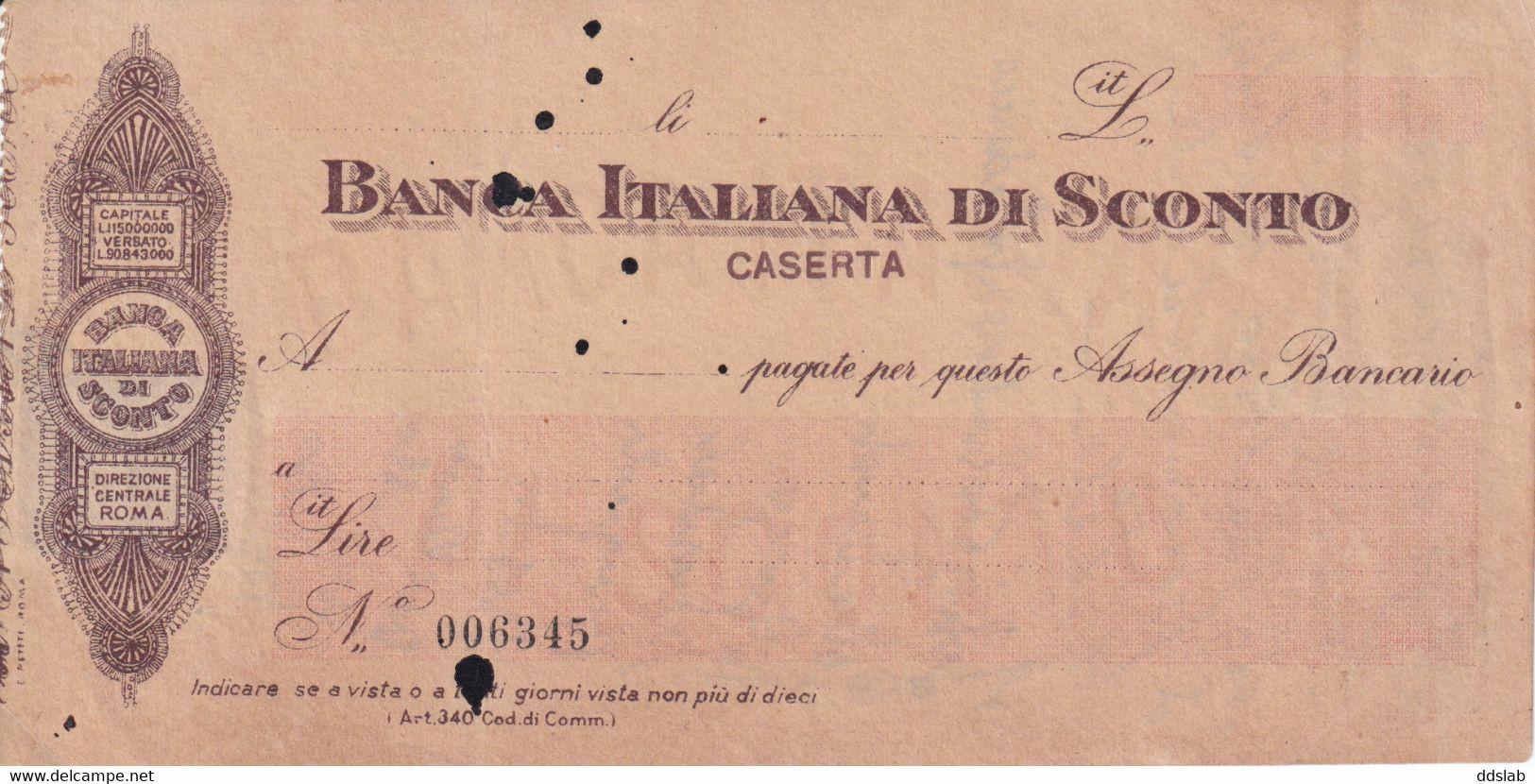 Assegno Bancario Banca Italiana Di Sconto Caserta Con Marca Da Bollo 20 C. Al Verso E Bollo Ufficio Registro - Chèques & Chèques De Voyage