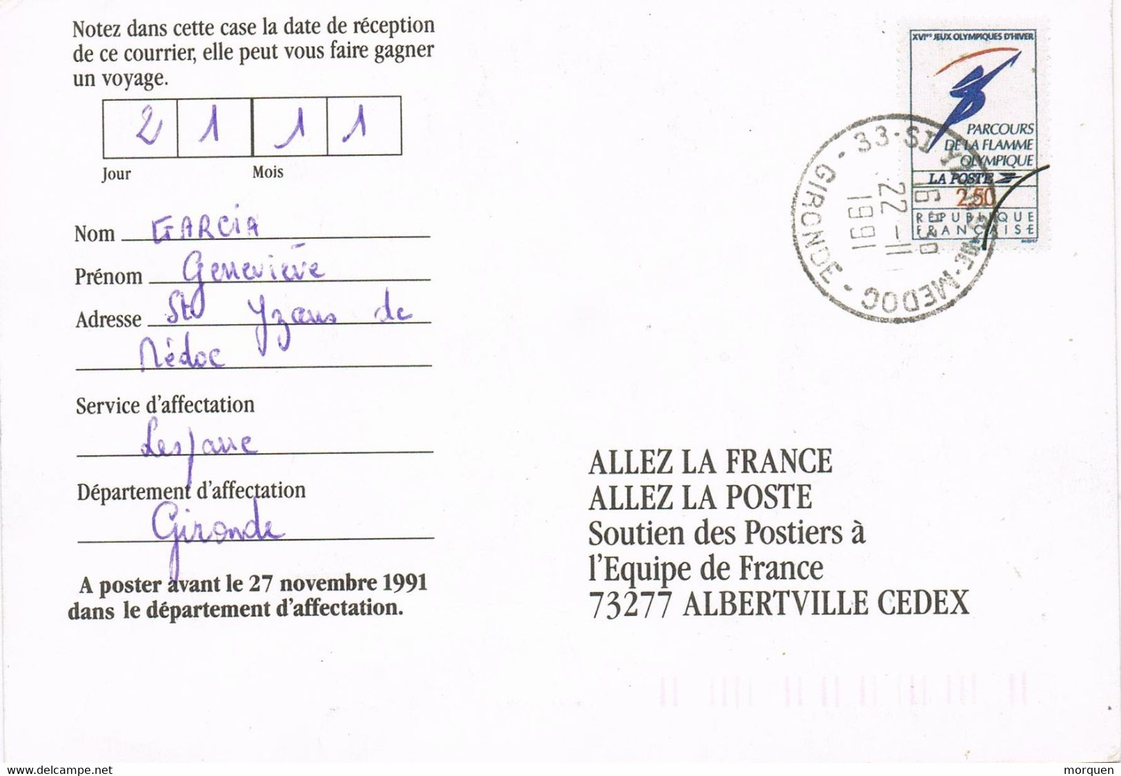 47392. Entero Postal Privado St. YZANS De MEDOC (Gironde) 1991. Flamme Olympique - Storia Postale