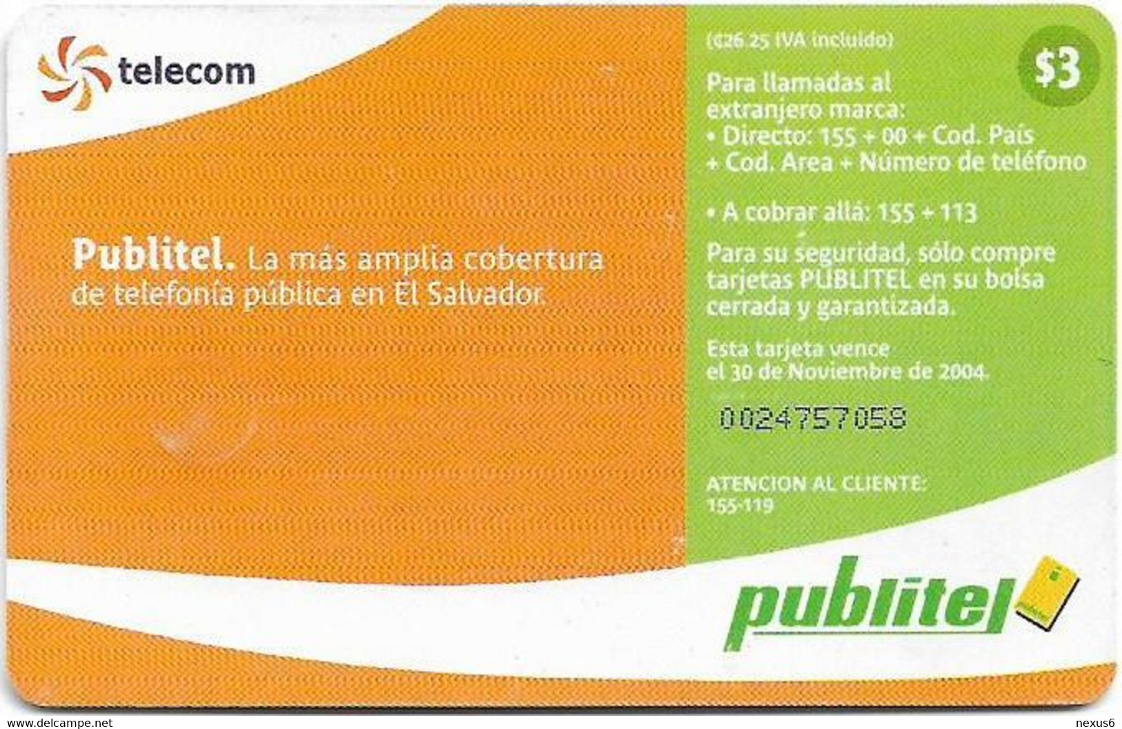 El Salvador - Publitel (Chip) - Telecom Logo Blue, La Comunicación De Todos, Gem5 Red, 2003, 3₡, Used - El Salvador