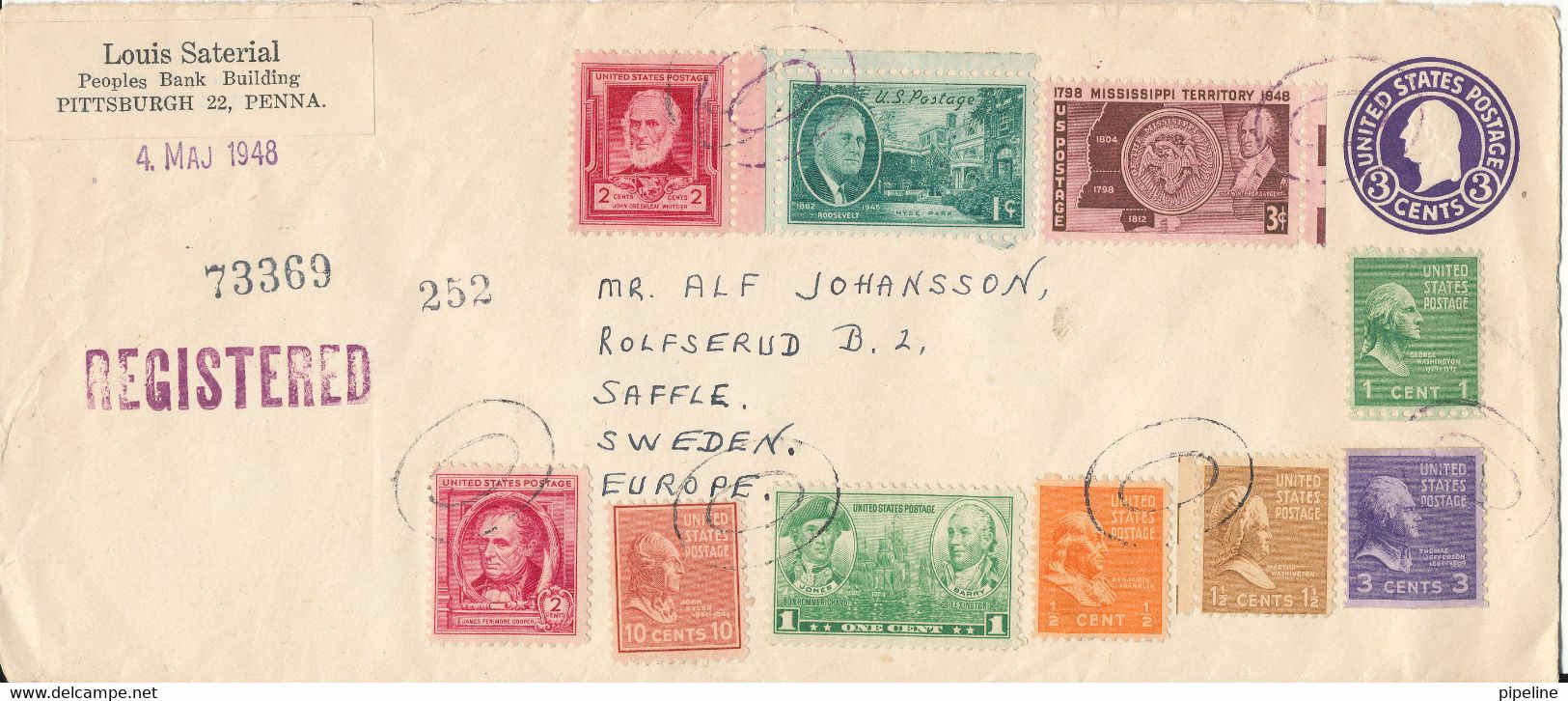 USA Registered Uprated Postal Stationery Cover Sent To Sweden New York 20-4-1948 With More Topic Stamps - 1941-60