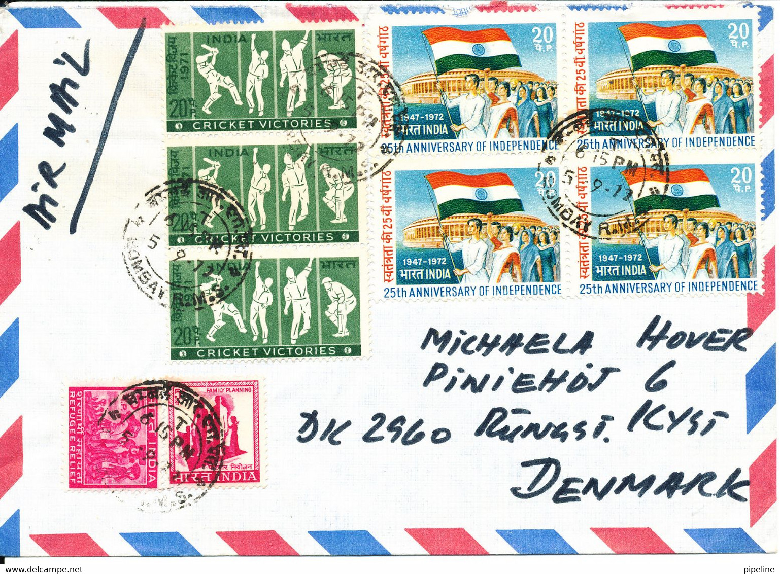 India Air Mail Cover Sent To Denmark 5-9-1972 With More Topic Stamps - Airmail