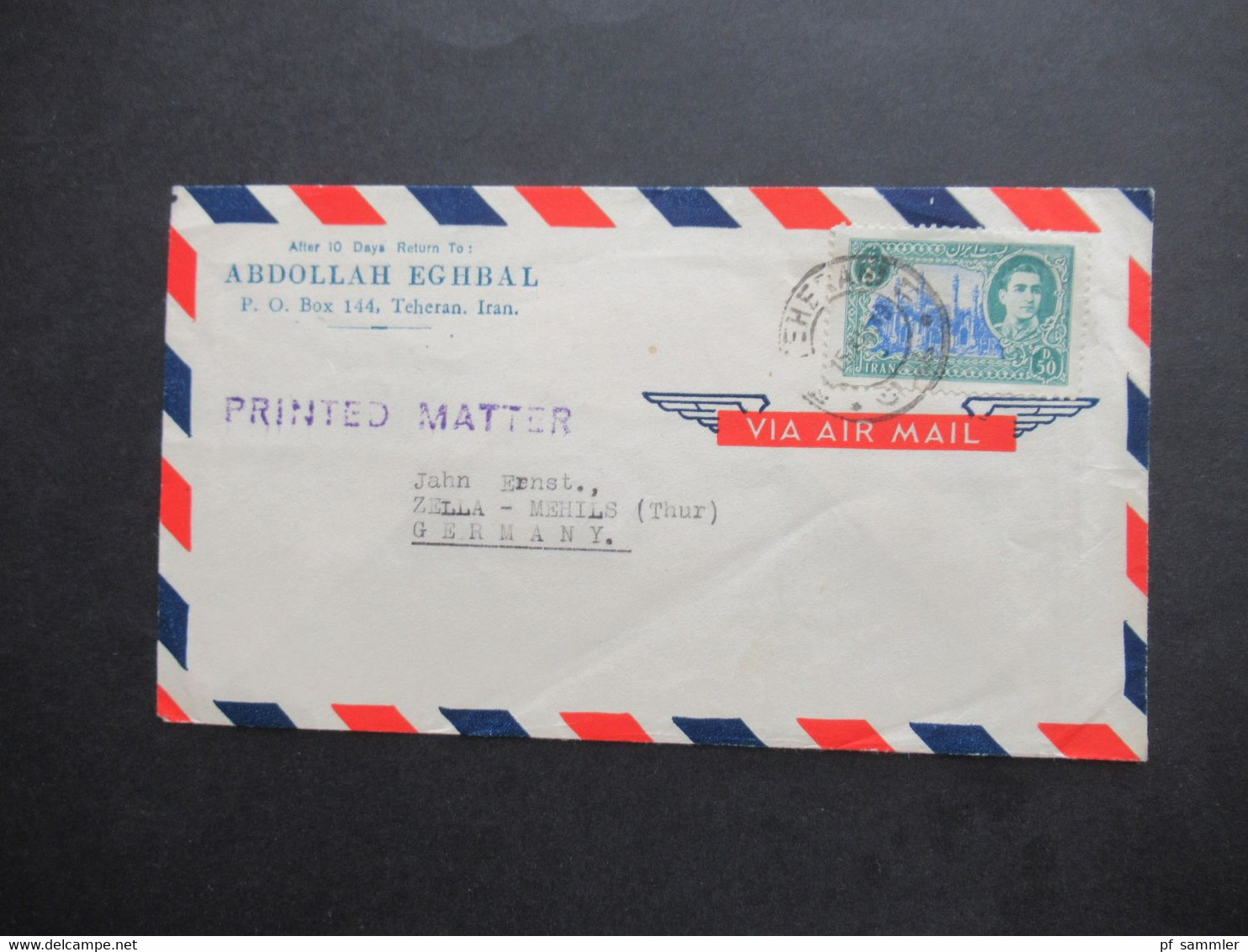 Iran Ende 1950er / 1960er Jahre Printed Matter Via Air Mail Teheran Abdollah Eghbal Nach Zella-Mehlis - Iran