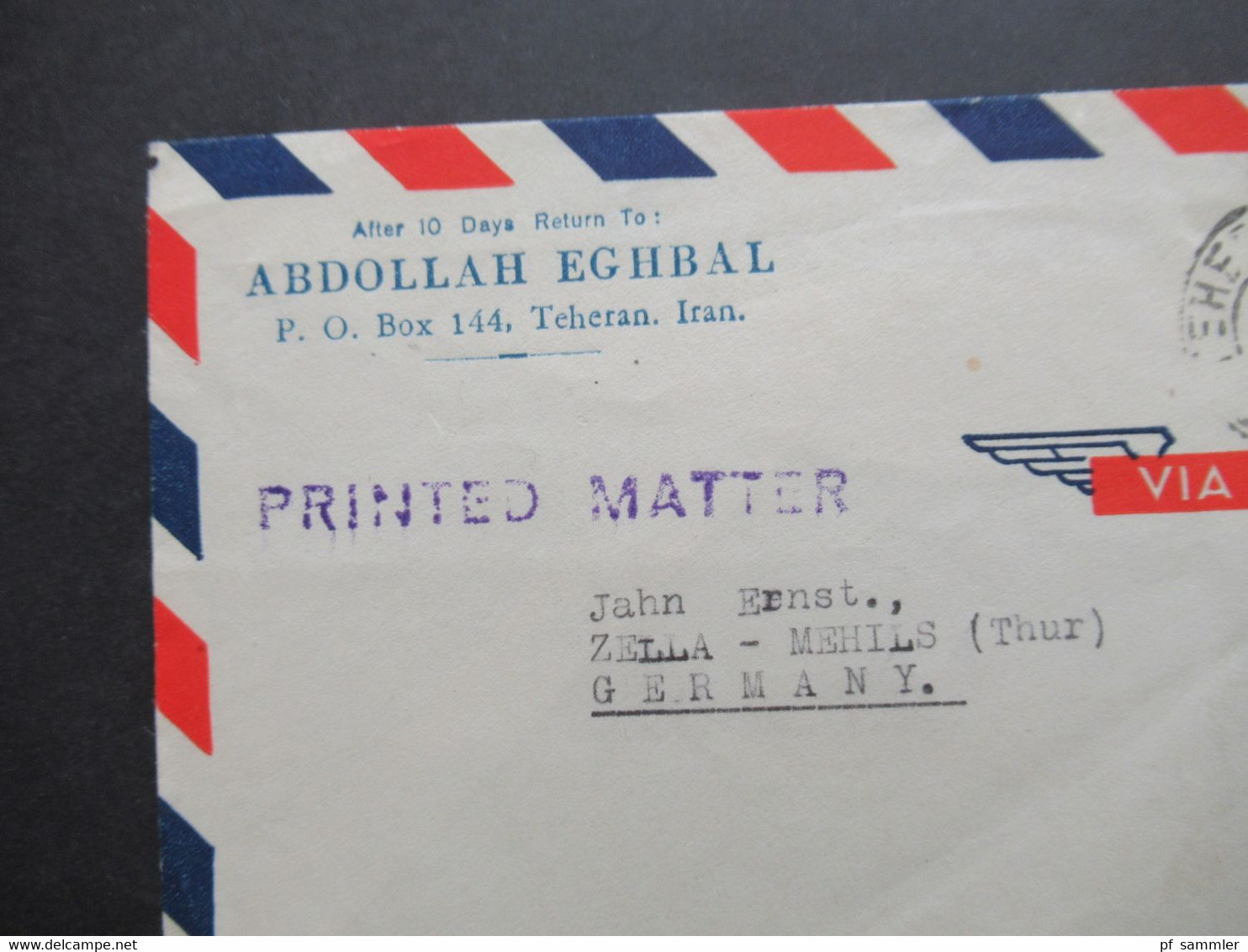 Iran Ende 1950er / 1960er Jahre Printed Matter Via Air Mail Teheran Abdollah Eghbal Nach Zella-Mehlis - Irán