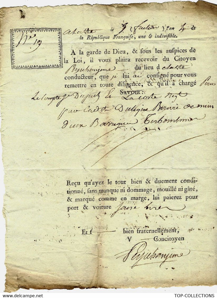 1796 REVOLUTION LETTRE DE VOITURE TRANSPORT ROULAGE  Pour DUPUCH NEGOCIANT ARMATEUR ESCLAVAGE TRAITE NEGRIERE - ... - 1799